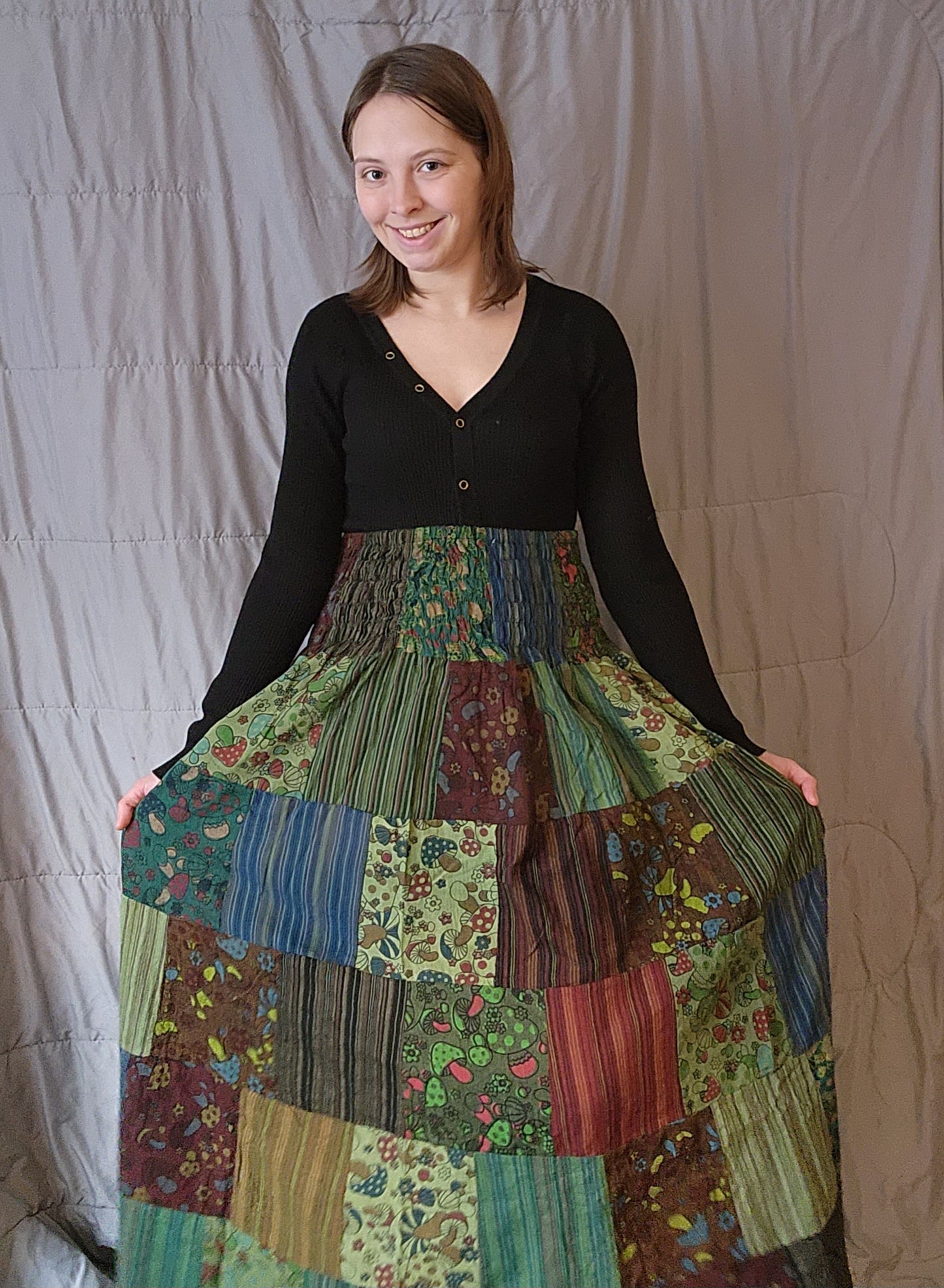 "Cassie" Mushroom Print Patched Skirt- One Size