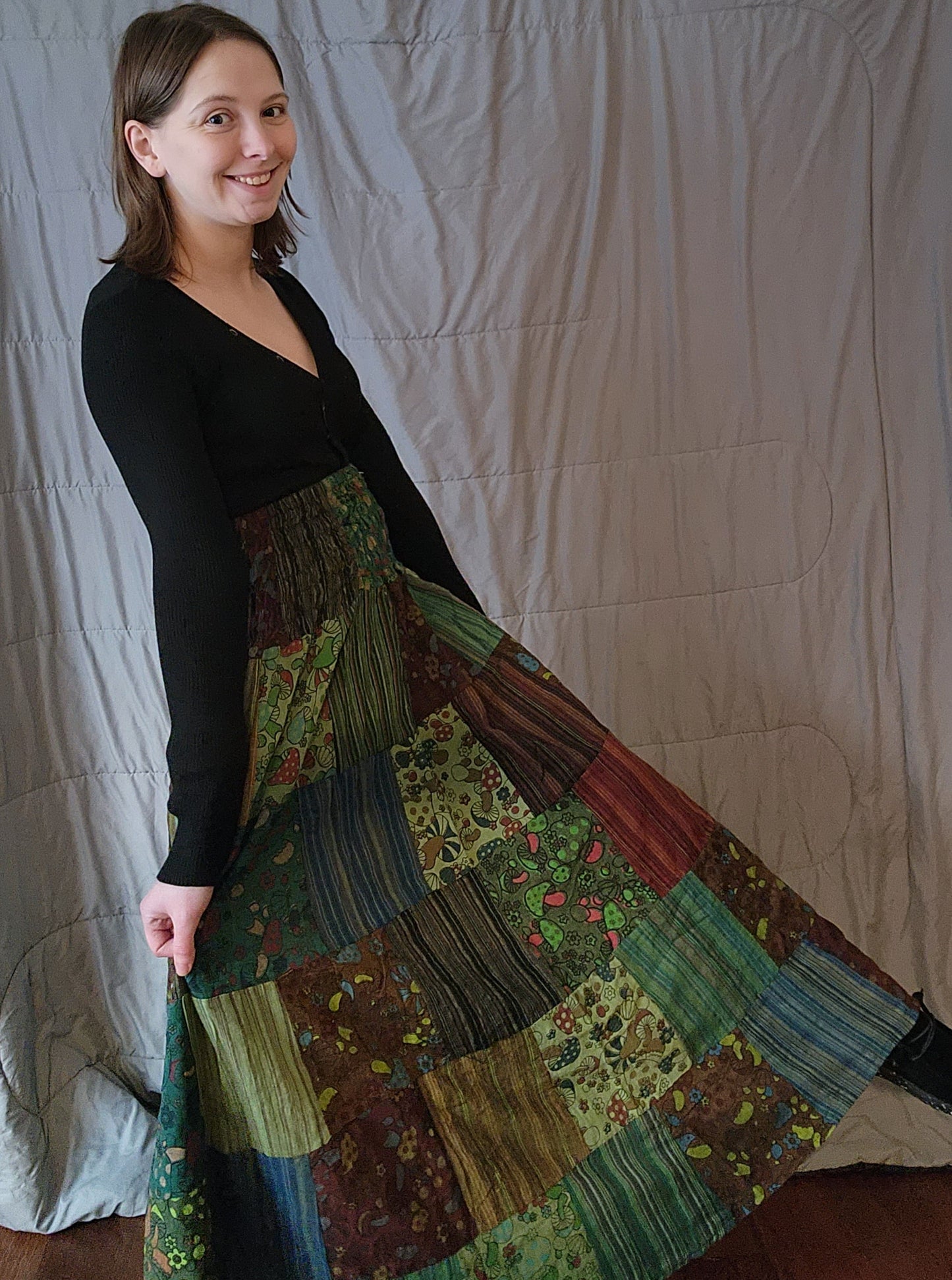 "Cassie" Mushroom Print Patched Skirt- One Size