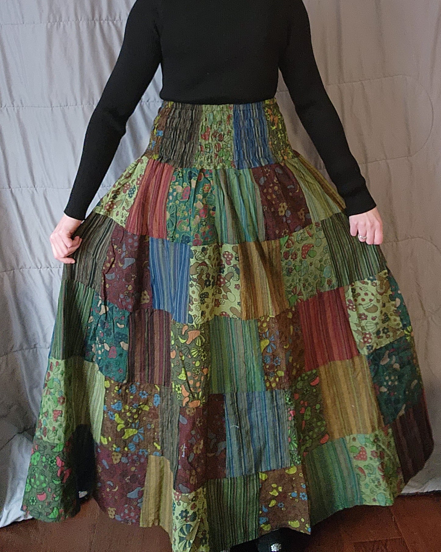 "Cassie" Mushroom Print Patched Skirt- One Size