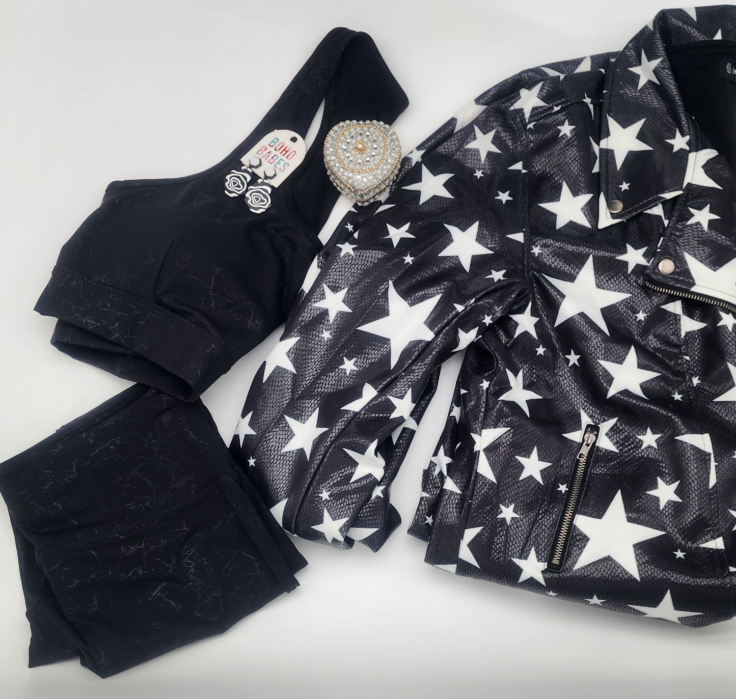 "Shawna" Black Star Faux Leather Moto Jacket