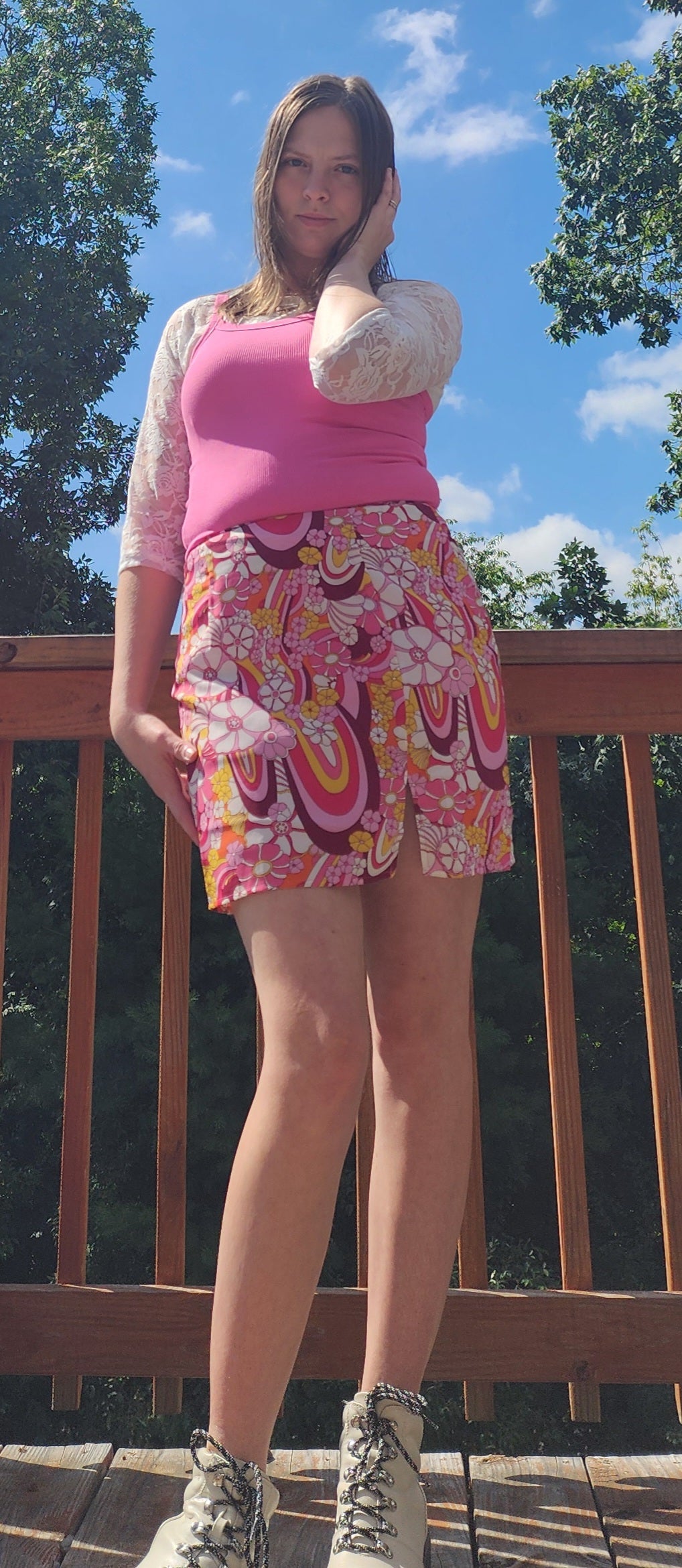 "Groovy" Pink Floral Mini Skirt