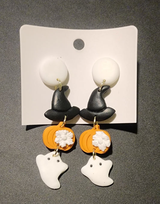 Clay Hat, Pumpkin, Ghost Earrings