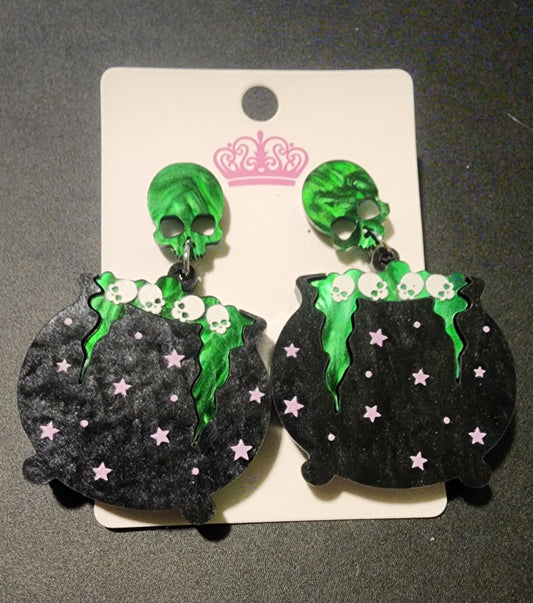 Green Skull Cauldron Earrings