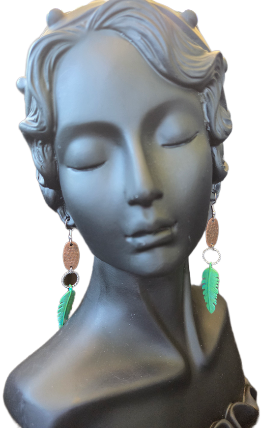 Large Feather Brass Patina Earrings
