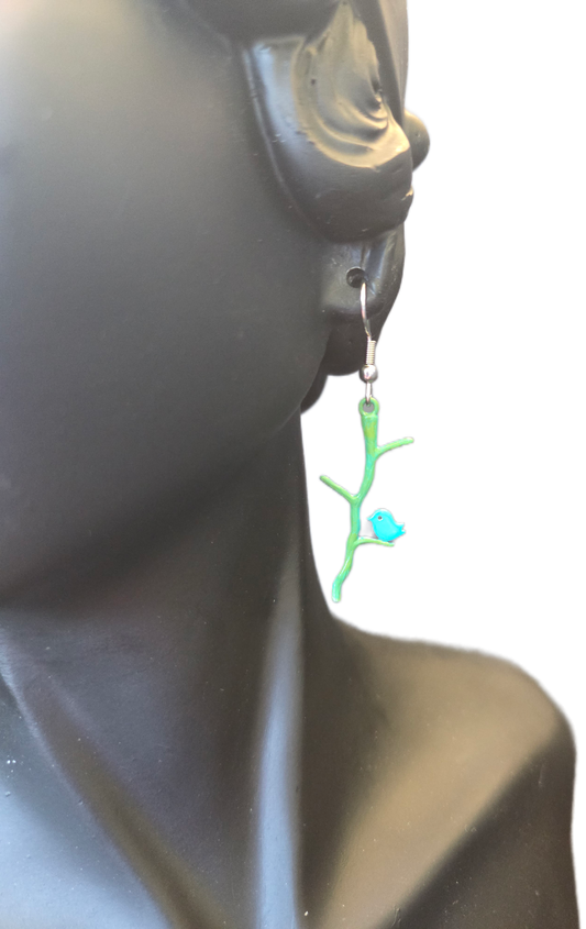 Bird on Branch Patina Earrings